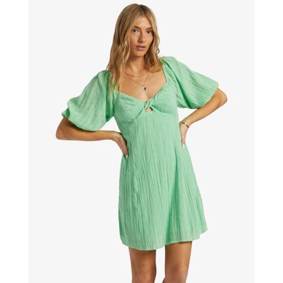 Billabong “Sol” Puff Sleeve Mini Dress in Bright Meadow Green – Small NWOT - Picture 1 of 9